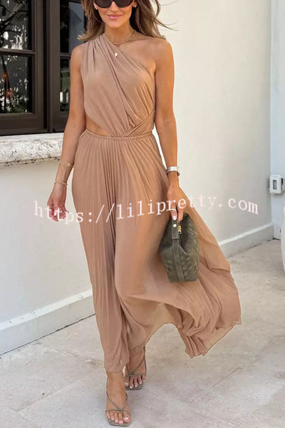 Spring Neutrals Chiffon One Shoulder Cutout Elastic Waist Pleated Maxi Dress