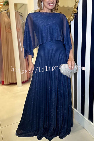 Twinkling Starlight Glitter Fabric Cape Pleated Formal Maxi Dress