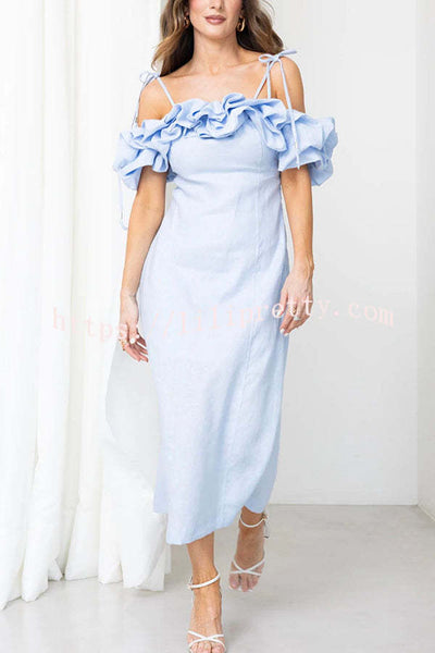 Exquisite and Comfortable Linen Blend Cloud Ruffles Back Smocked Slip Midi Dress