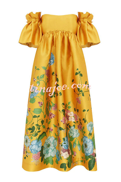 Sweetest Marigold Printed Gathered Sleeve Pocketed A-line Midi Dress