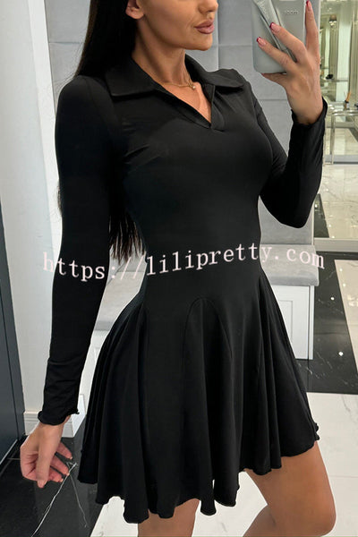 Solid Color Lapel Long Sleeve Slim Fit Waist Mini Dress