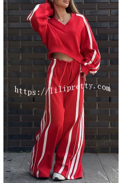 Sports Fashion Contrast Color V-neck Sweatshirt and Drawstring Waist Pocketed Loose Pants Set