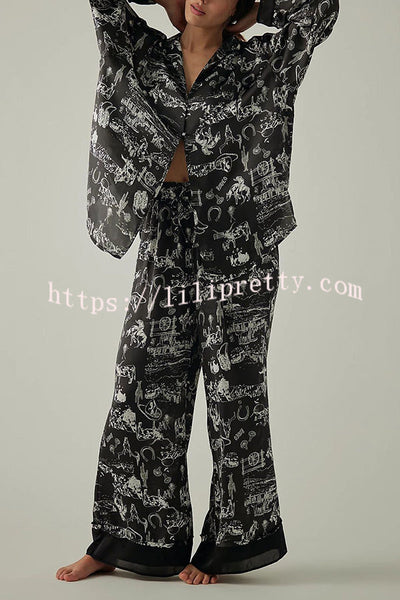 Unique Printed Lounge Long-sleeved Shirt and Elastic Waisted Baggy Pants Set