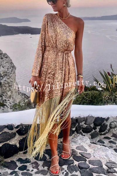 For The Love Gold Sequin One Shoulder Belted Fringes Midi Dress