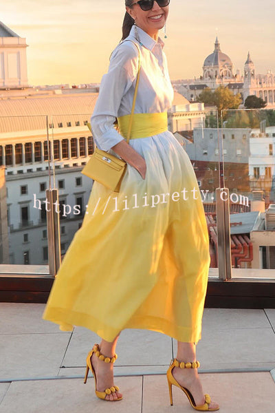 Sunset and City Linen Blend Gradient Print Wide Belt Pocketed Shirt Midi Dress