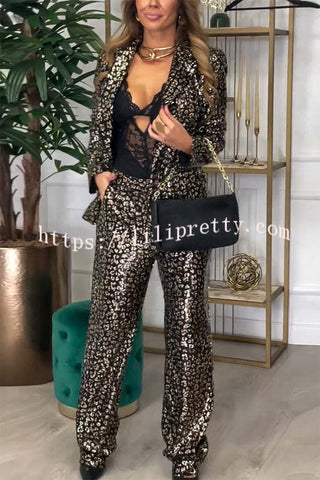 Mona Leopard Metallic Fabric Lapel Boyfriend Blazer and Elastic Waist Pocketed Loose Pants Set