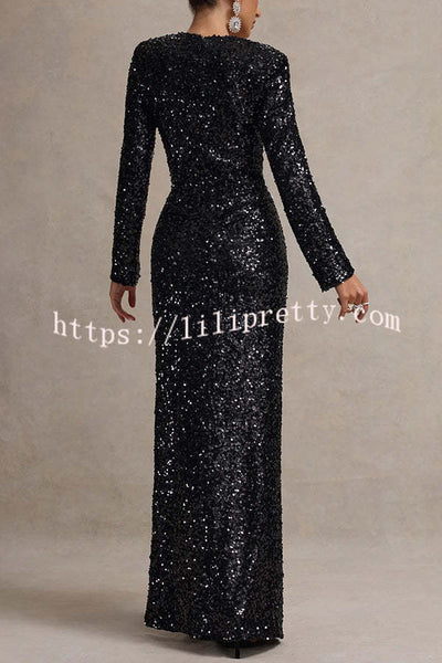 My Dreams Sparkle Sequin Square Neck Long Sleeves Slit Maxi Dress