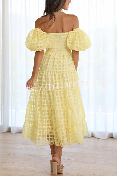 Solid Color Off-shoulder Lantern Sleeve Patchwork Midi Dress