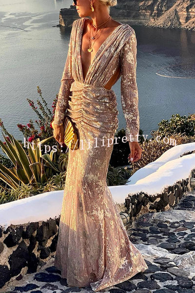 Magic Evening Glitter Fabric Side Cutout Long Sleeve Ruched Formal Maxi Dress