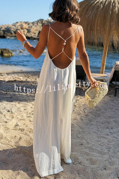 Sunny Beach Straps Unique Beaded Detail Backless Slit Maxi Dress
