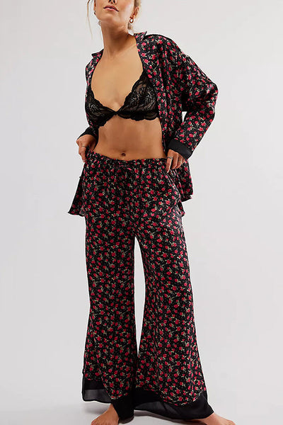 Unique Printed Lounge Long-sleeved Shirt and Elastic Waisted Baggy Pants Set