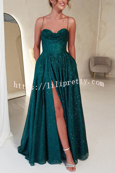 Cinderella Glitter Tulle Fabric Cowl Neck Back Lace-up Pocketed Slit Maxi Dress