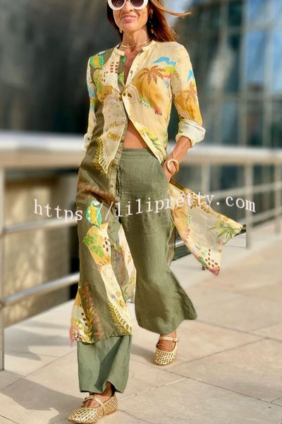 Cayla Linen Blend Unique Print Button Long Sleeve Shirt Midi Dress