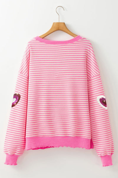 Pink Stripe Sequin Heart Patches Pattern Long Sleeve Valentines Top