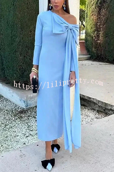 Vanessa Solid Color Long Sleeve Slim Fit Oversized Bow Tie Maxi Dress