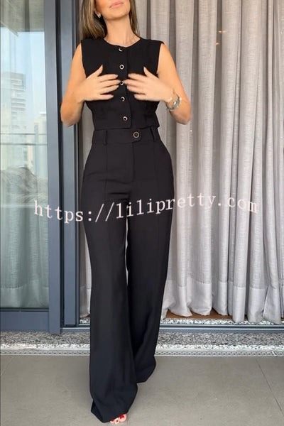 Office Lady Button Up Waisted Vest and High Rise Pocketed Loose Pants Set