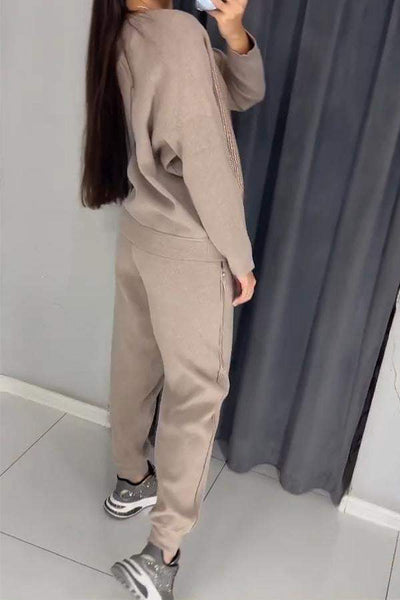 Fashionable Diamond Embellished Casual Round Neck Top and Elastic Waist Loose Pocket Pants Set