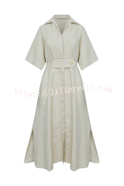 Asher Linen Blend Wide Sleeve Button Pocketed Shirt Loose Midi Dress