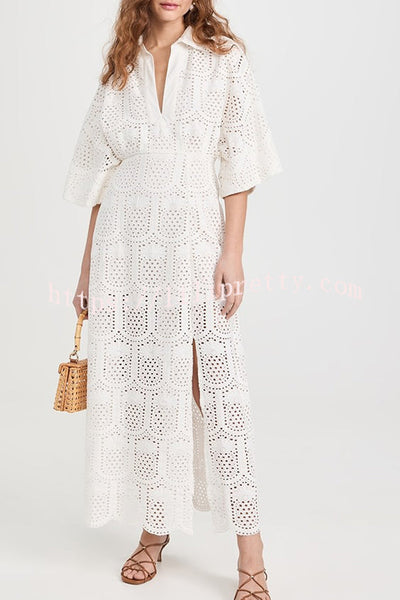 Darling Smile Pineapple Eyelet Crochet Lace Wide Sleeve Shirt Midi Dress