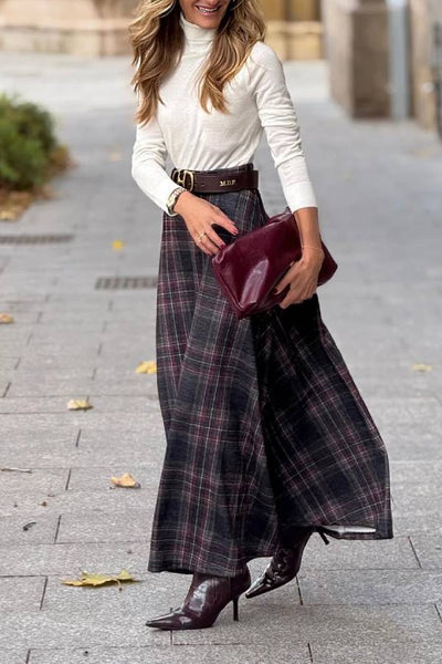 Retro style wide hem plaid skirt