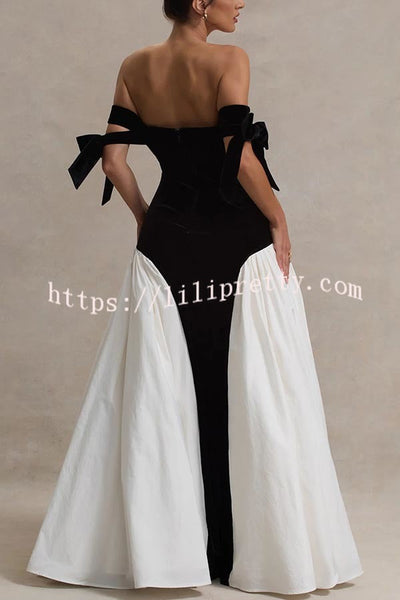 Phantom of The Opera Velvet Contrast Patchwork Bow Sweetheart Neck Maxi Dress