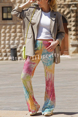 Music Festival Fanatic Tie Dye Print Sequin Back Elastic Waist Flare Pants