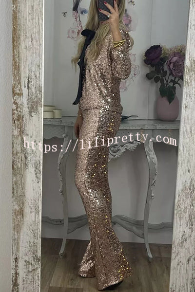 Holiday Cheer Sequin High Rise Elastic Waist Flared Stretch Pants