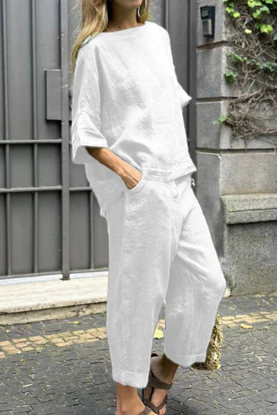 Casual Solid Color Crewneck Top & Pants Cotton Linen Two-piece Set