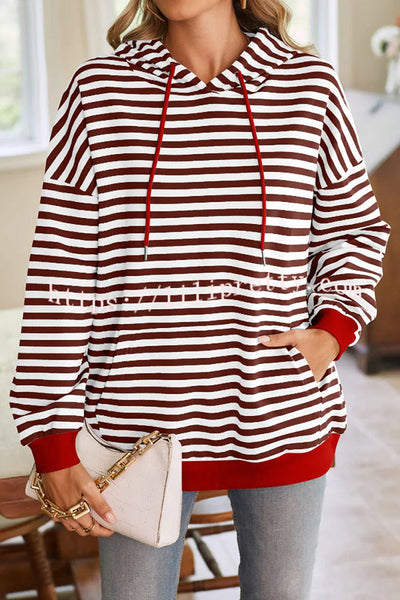 Striped Print Long Sleeve Pocket Loose Hoodie