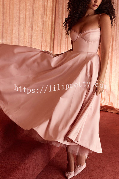 Fairytale Vibe Satin Patchwork Tulle Sweetheart Neck Pocket Stretch Midi Dress