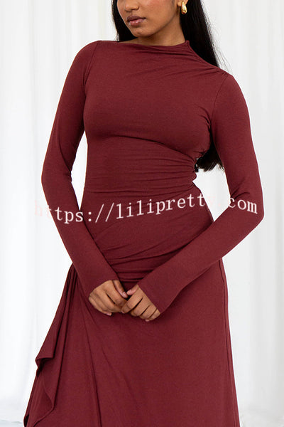 Venus Long Sleeve Ruched Side Slit Drape Ruffles Back Lace-up Stretch Maxi Dress