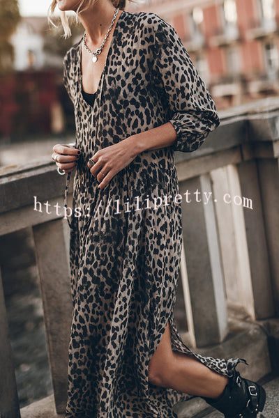 Minimal and Chic Leopard Print Long Sleeve A-line Slit Flowy Maxi Dress