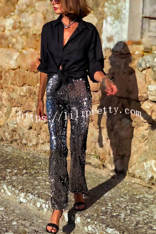 Pursue Shine Sequin High Rise Elastic Waist Flare Pants