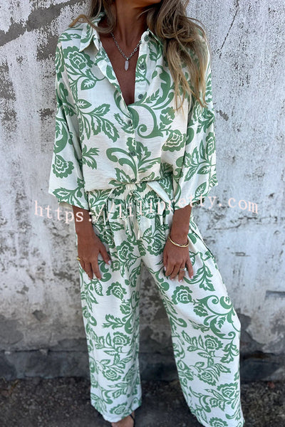 Linen Blend Unique Print Long Sleeve Loose Shirt and Elastic Waist Tie Pocket Pants Set