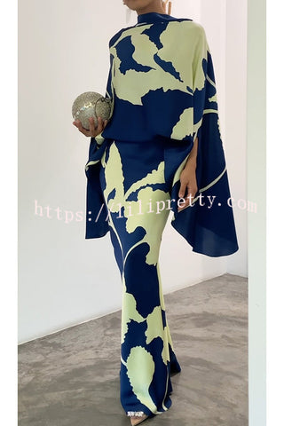 Matilda Satin Unique Print Drape Cape Sleeve Top and Elastic Waist Maxi Skirt Set