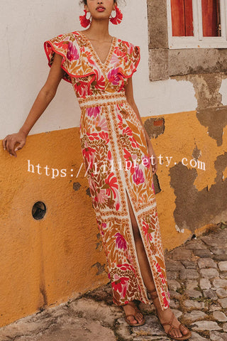 Unique Printed V-neck Open Back Ruffled Sleeves Slit Maxi Dress