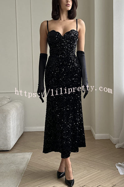 Yulissa Velvet Sequin Petal Sweetheart Neck Slip Stretch Maxi Dress