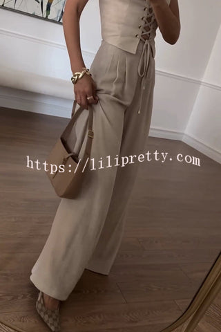 Mira Linen Blend Pleated Waist Pocket Wide Leg Pants