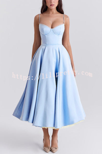 Fairytale Vibe Satin Patchwork Tulle Sweetheart Neck Pocket Stretch Midi Dress