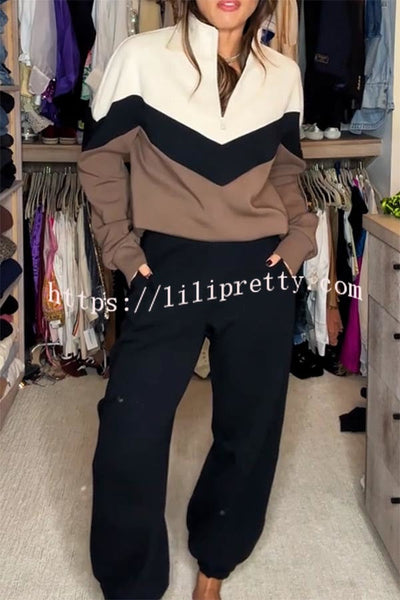 Airport Style Colorblock Zip-up Sweatshirt and Elastic Waist Pocket Sweatpants Set