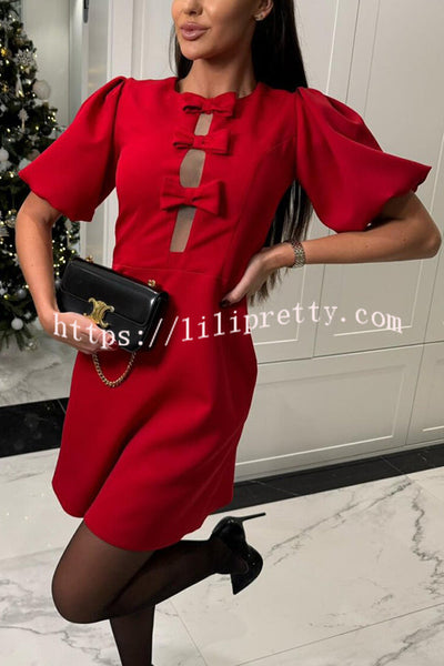 Cute Date Bow Detail Puff Sleeve Mini Dress