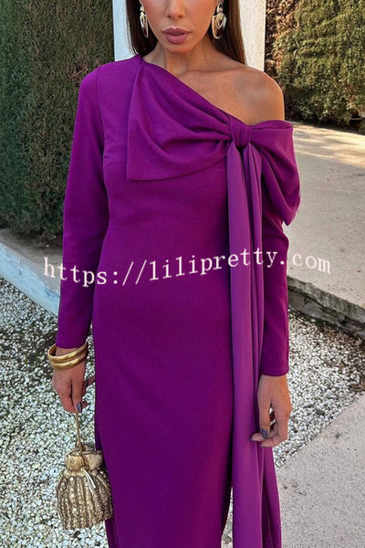 Vanessa Solid Color Long Sleeve Slim Fit Oversized Bow Tie Maxi Dress