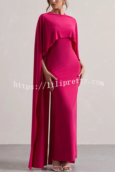 Charming Look Crew Neck Cape Sleeve Stretch Maxi Dress