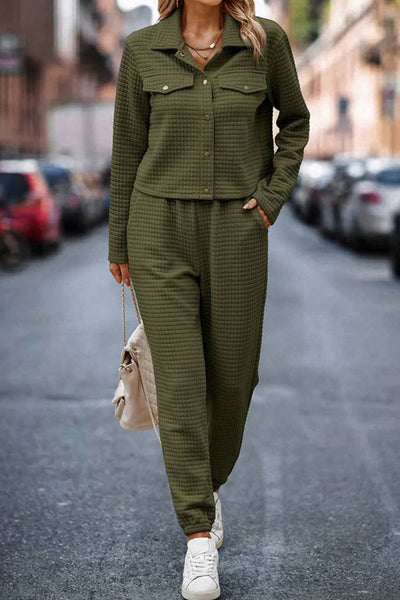 Solid Color Lapel Long Sleeve Jacket and Elastic Waist Casual Pocket Pants Set