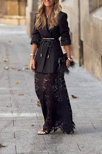 Black Lace Skirt and Blazer Set