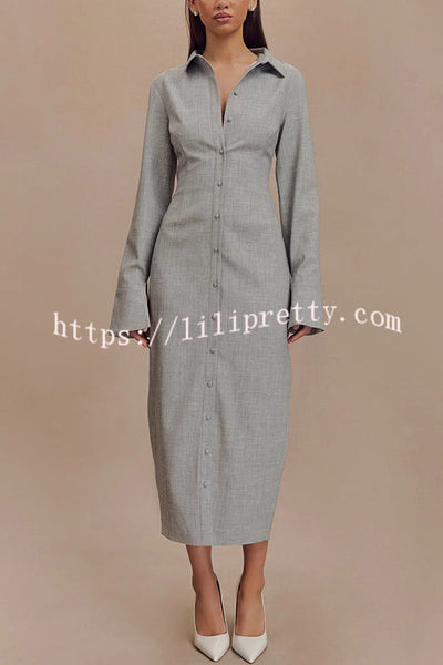 Elegant Energy Button Up Long Flare Sleeve Fitted Shirt Midi Dress