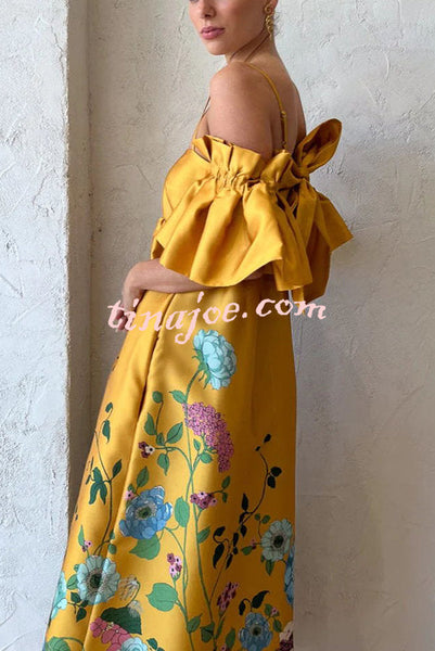 Sweetest Marigold Printed Gathered Sleeve Pocketed A-line Midi Dress