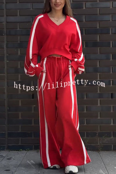 Sports Fashion Contrast Color V-neck Sweatshirt and Drawstring Waist Pocketed Loose Pants Set