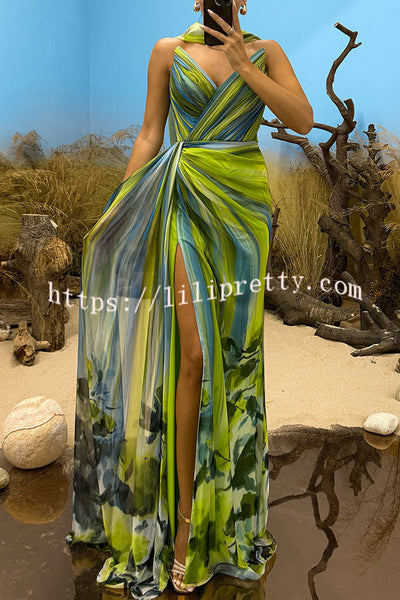 In A Dreamland Chiffon Floral Print Off Shoulder Pleated Scarf Slit Maxi Dress