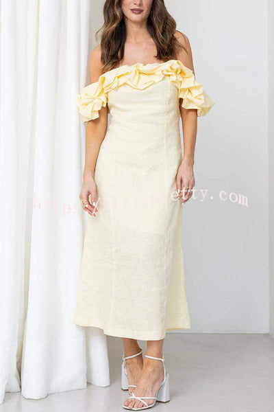 Exquisite and Comfortable Linen Blend Cloud Ruffles Back Smocked Slip Midi Dress